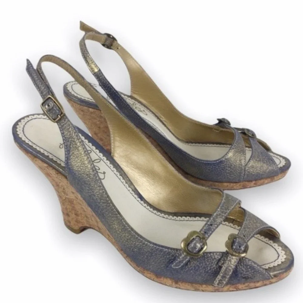 Maloles Womens 36 5.5 - 6 Purple Gold Metallic Leather Wedge Sandals Heels Shoes